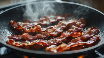 Fototapeta premium Crispy Bacon Cooking in a Pan with Steam