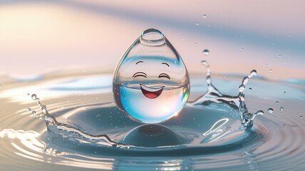 Water droplet with a smiley face is in the middle of a splash