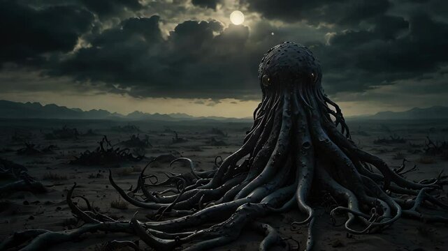 Octopus like creature in a dark landscape