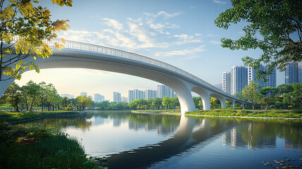A modern bridge with white pillars and a green landscape along the river