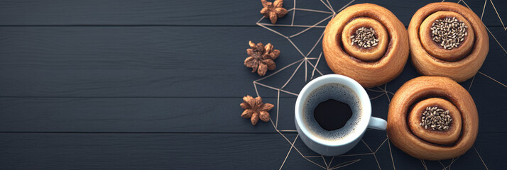 A cup of coffee and three cinnamon rolls on a dark wooden table.