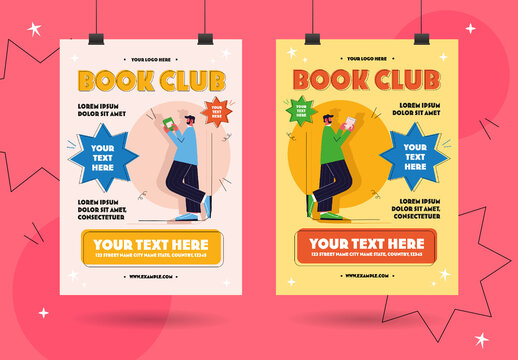 Yellow And Red Book Club Modern Flat Illustration Event Flyers