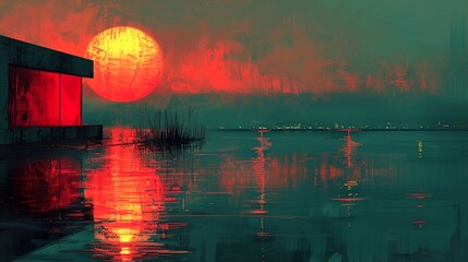 Red Sunset Over a Serene Lake