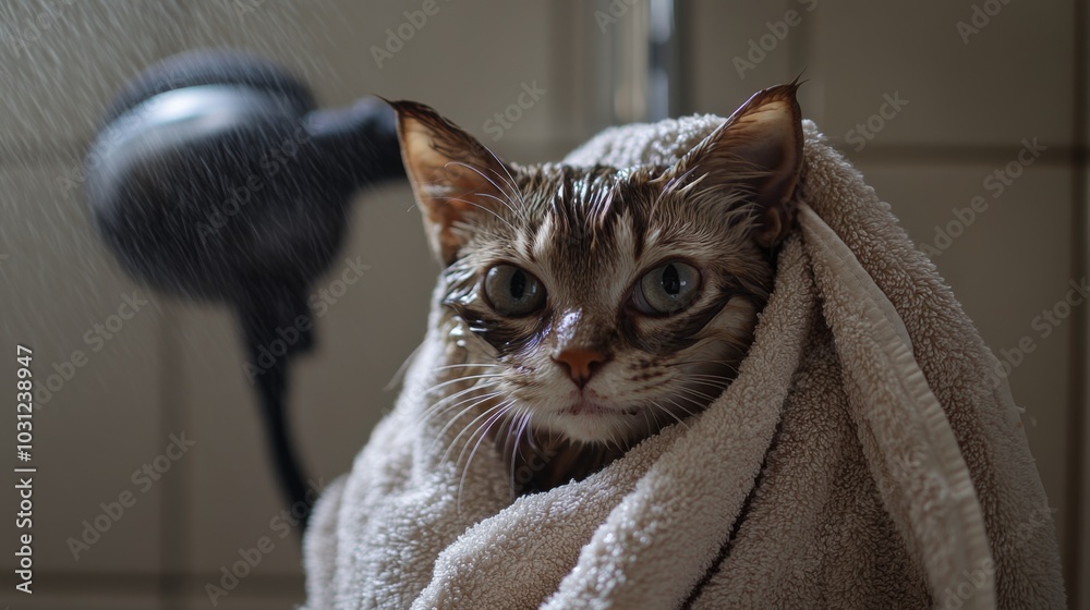 Poster cat wrapped in towel after bathing session
