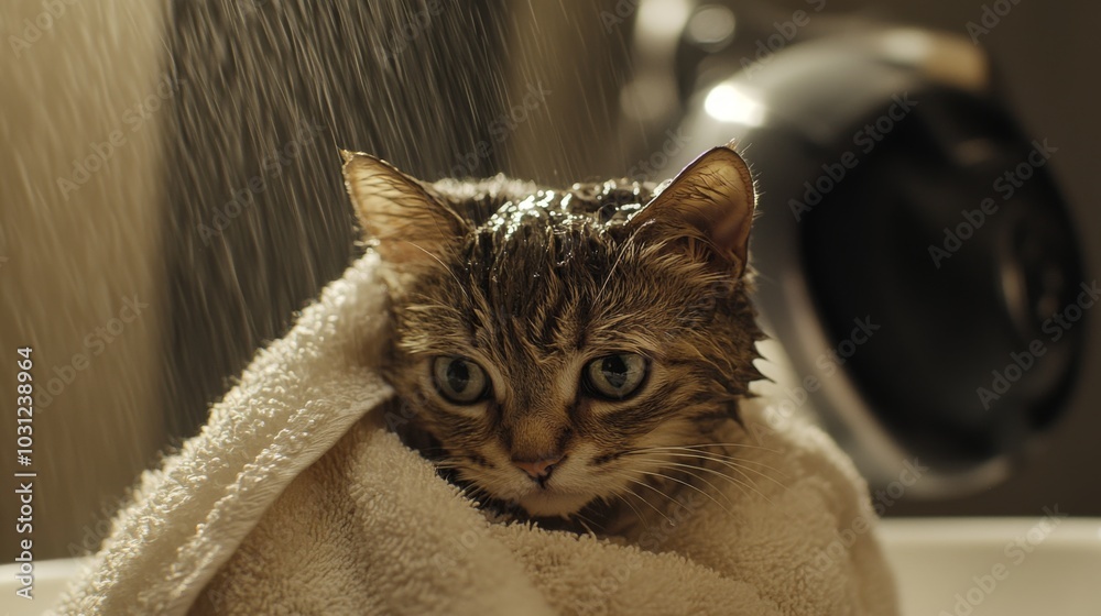 Poster wet cat wrapped in towel after bath time