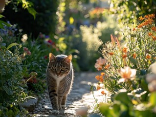 Feline Serenity: A Cat's Garden Stroll in Sunlight