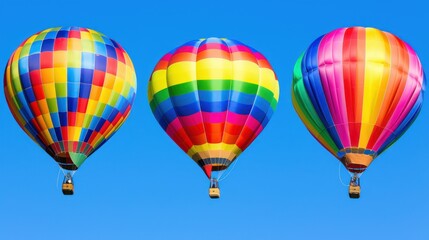 Fototapeta premium Three Colorful Hot Air Balloons Against a Blue Sky