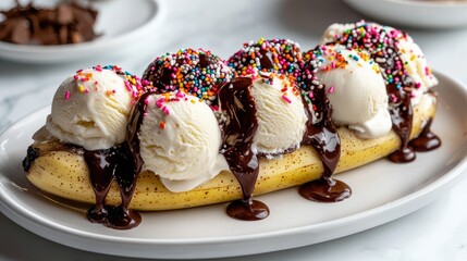 Delicious Banana Split with Ice Cream and Toppings