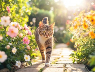 Feline Serenity: A Cat's Garden Stroll in Sunlight