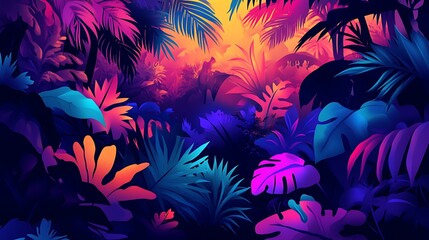 Neon-Lit Tropical Jungle with Vivid Colors and Silhouettes