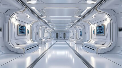 Obraz premium Futuristic Space Station Corridor Interior Design White Minimalist Sci Fi Architecture