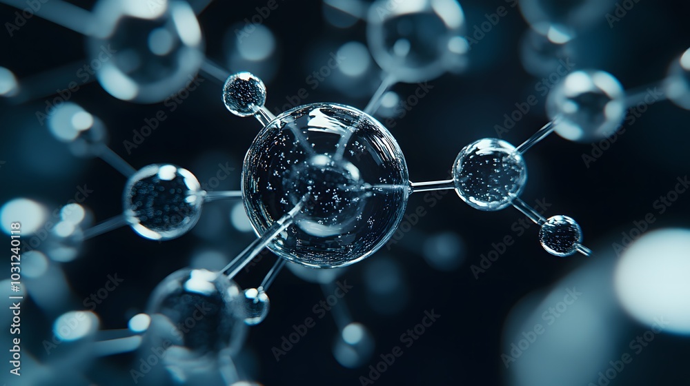 Sticker close-up of a molecular structure composed of interconnected transparent spheres