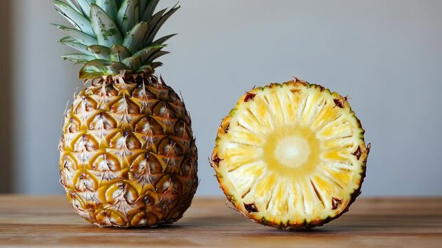 A whole pineapple and a sliced pineapple on a wooden surface