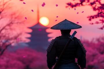 A serene sunset view with a warrior silhouette against cherry blossoms and a pagoda, evoking peace and tradition.