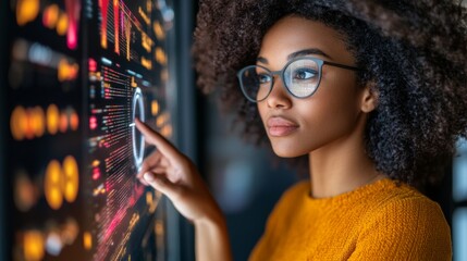 Woman Analyzing Data on Interactive Screen  Businesswoman  Technology  Innovation  Future