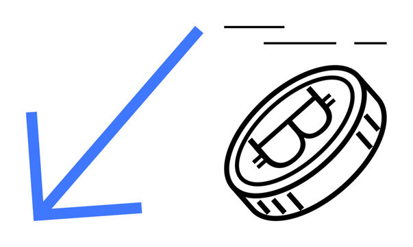 Black and white bitcoin coin with a blue downward arrow indicating a decrease in value. Ideal for economic trends, cryptocurrency market analysis, financial decline, forex trading, money management