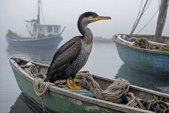 Cormorant Perched on a Fisherman’s Boat in a Misty Harbor - Powered by Adobe
