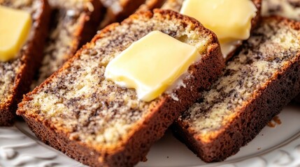 Sliced Banana Bread with Butter Portion on Top