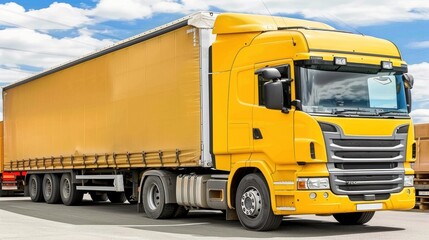 Yellow Semi-trailer Truck with Canvas Cover on a Sunny Day