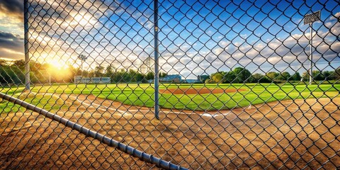 Tilted view of baseball field beyond a fence, softball, baseball, field, fence, tilted, angle, sports, outdoors