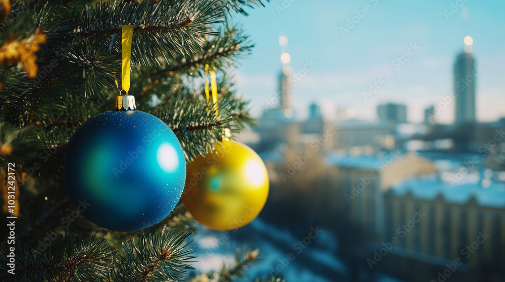 Wall mural close-up image of christmas tree with yellow and blue ornaments on the background of kiev panorama.