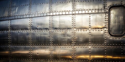 Metallic old airplane fuselage with rivets, showcasing a military background, aircraft, aviation, vintage