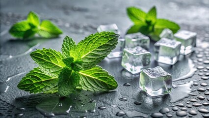 Green mint leaves and melting ice cubes on a grey surface, green, mint, leaves, ice cubes, melting, gray, surface, cooling