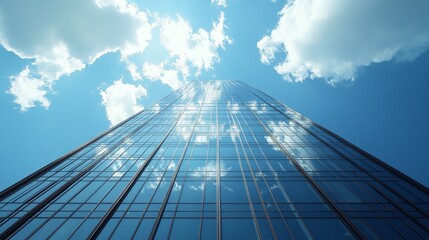 Modern Skyscraper Architecture  Glass Facade Reflecting Clouds and Blue Sky