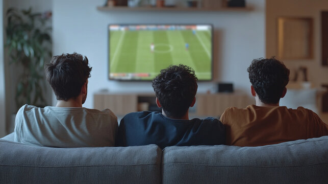 Young guys from the back, relaxing on a soft grey couch while watching an exhilarating live football game on their television screen.