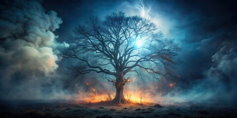 Spooky tree with smoke in a horror forest, foggy dark tree trunks
