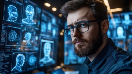 Fototapeta premium Cybersecurity Expert Working on Data Security with Facial Recognition Software
