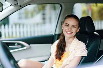 Smiling woman in car, bright interior, casual outfit, enjoying the ride, feeling relaxed and happy Natural light, summer vibe, positive mood captured in the moment