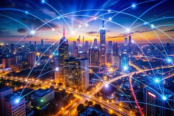 Fototapeta premium Abstract Timelapse of Metropolis with 5G Symbol in Bokeh Effect for Urban Connectivity