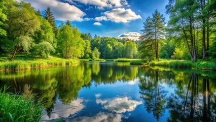 Tranquil pond surrounded by lush green forest in the summertime , peaceful, serene, nature, landscape, summer, pond, water