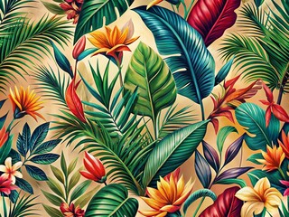 Fototapeta premium Abstract Tropical Pattern with Bright Plants and Leaves - Seamless Vector Design for Exotic Jungle Wallpaper