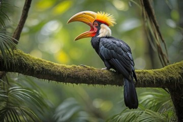 Fototapeta premium Hornbill Perched on a Branch in a Dense Tropical Rainforest