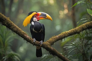 Obraz premium Hornbill Perched on a Branch in a Dense Tropical Rainforest