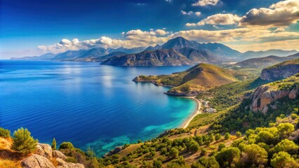 Fototapeta premium View of mountains and Mediterranean Sea on a sunny day in Greece , Greece, travel, mountains, Mediterranean Sea
