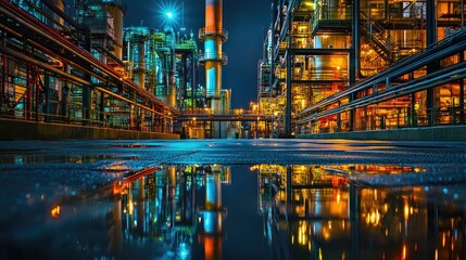 Nighttime Industrial Reflection with Vibrant Lighting