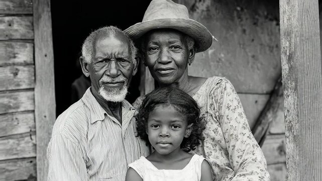 An elderly couple and their granddaughter stand in front of a wooden building