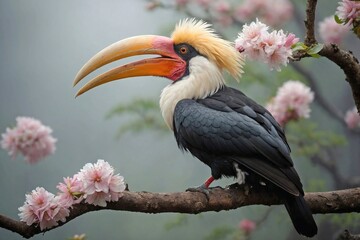 Obraz premium Hornbill Resting in a Flowering Tree in a Mountain Forest