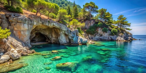 Naklejka premium Rocky coast with pine trees, cave, and turquoise sea on Greek island, Greece, Mediterranean, coastline, nature, travel