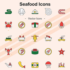 Icons representing seafood and culinary dishes.