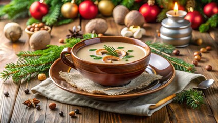 Traditional vegetarian Christmas mushroom soup served in a ceramic plate on a festive table , Polish, Christmas, dinner