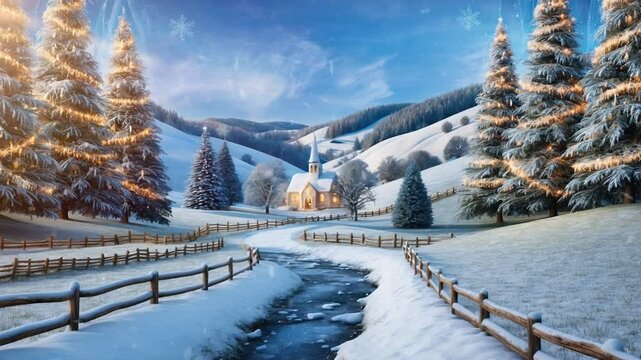 Snowy winter landscape with a small church, pine trees, and a winding stream.