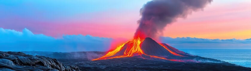 Bursting volcano, fiery lava, intense red hues, Angry energy, Watercolor style