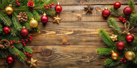 Christmas decorations on rustic wooden background, Christmas, decorations, holiday, festive, wooden, background, ornaments, red