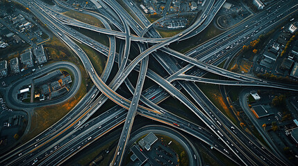 Aerial view of a highway overpass in the city with cars and traffic
