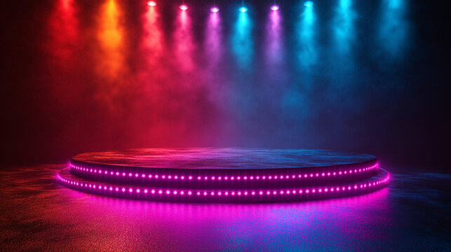 Vibrant stage illuminated by red, purple, pink and blue spotlights, awaiting the next dazzling performance. Neon-lit edges add an electrifying glow to the scene.