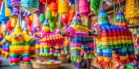 Fototapeta premium Colorful pinatas with paper stripes hanging in a market , festive, celebration, Mexican tradition, party
